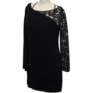 Trina Turk Black Lace One Shoulder Dress 8 Asymmetrical Sleeve Cocktail Sheath